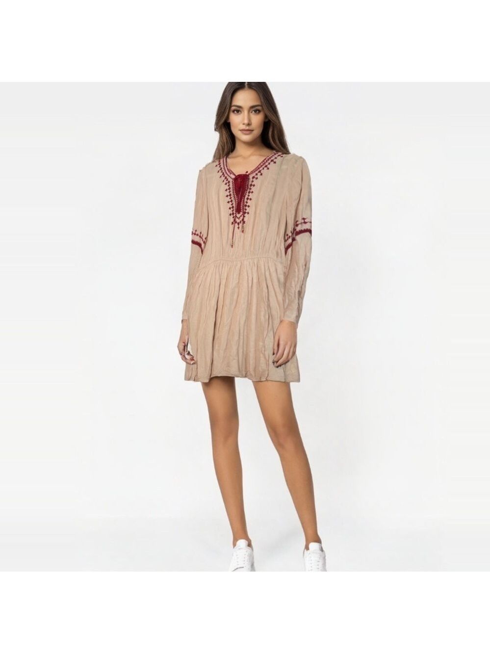 Entro Womens Embroidered Dress Size Medium Tan Red Stitching Cinch Waist